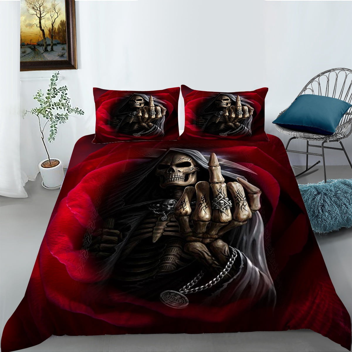 Gothic Red and Black 3D Skeleton Halloween Themed Bedding Set,Twin (68