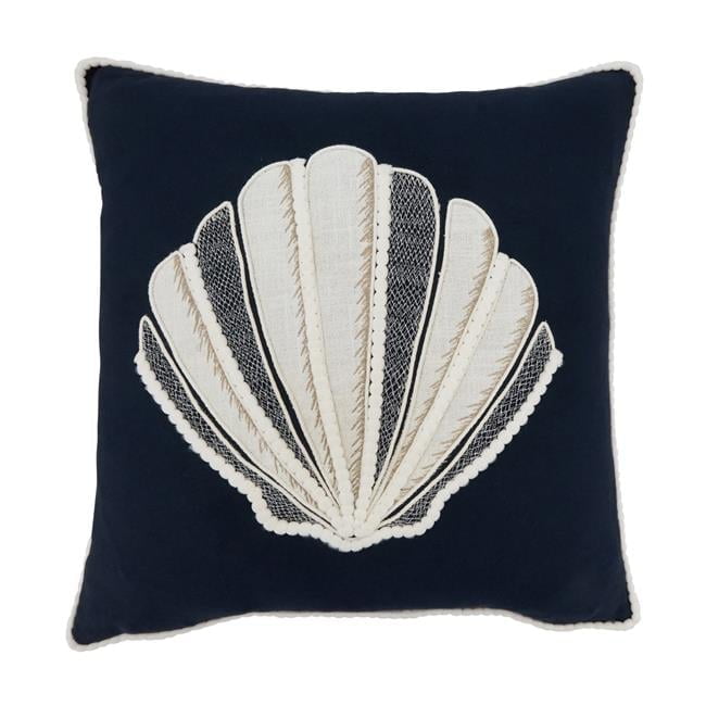 Navy Blue Embroidered Seashell Cotton Throw Pillow