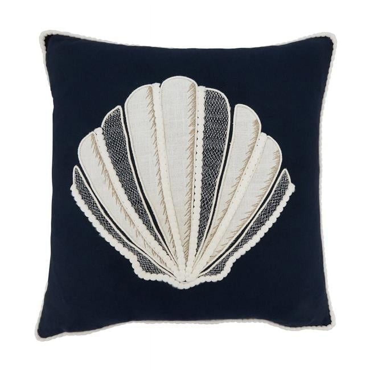 Navy Blue Embroidered Seashell Cotton Throw Pillow