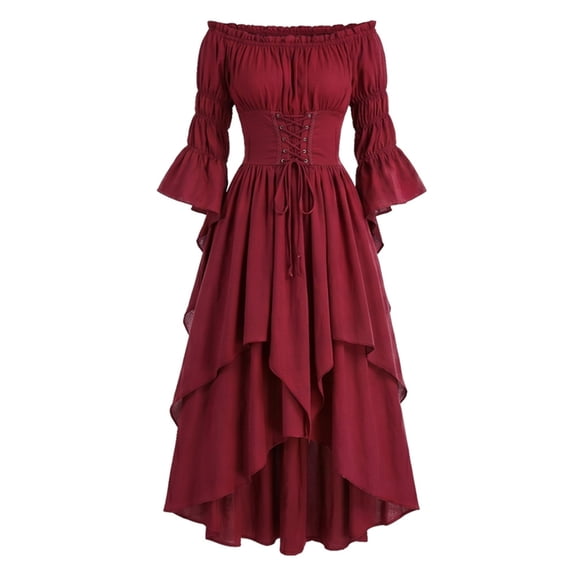 Gothic Renaissance Dress, Off Shoulder Tiered Dress, Lace Up Corset Waist Dress, Renaissance Dress Women Medieval Costume Victorian Dresses Peasant Gothic Fairy Witch Wedding Under Dress, Wine XXL