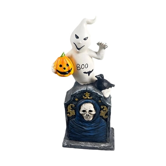 Gothic Resin Ghost Tombstone Figurine for Halloween Desktop Decoration Creepy Collectible Sculpture for Home Office Shelf in White