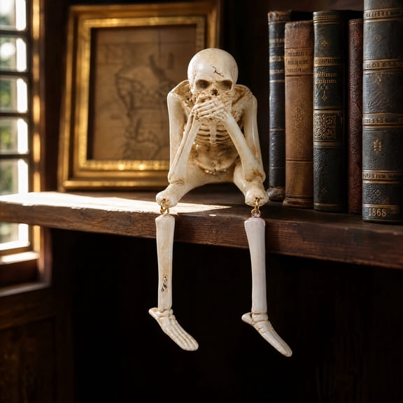 Gothic Resin Skeleton Statue Set, 3 Poseable Skull Figurines with Movable Joints for Halloween Shelf Desk Decor