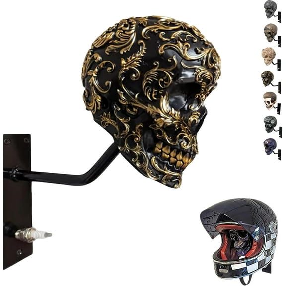 Gothic Resin Skull Helmet Display - 3D Skeleton Wall Mount Sculpture for Motorcycle Gear, Heavy-Duty Jacket Hook for Man Cave & Biker Gifts