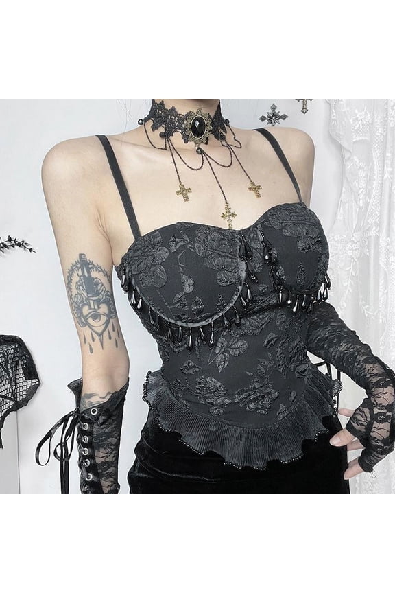 Gothic Retro Jacquard Bead Pendant Vest Women's Grunge Sexy Backless Tank Tops E Girl Crop Tops Party Clubwear