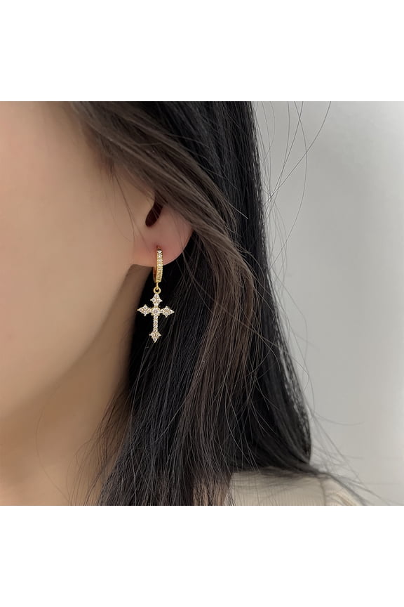 Gothic Rhinestone Cross 14K Yellow Gold Earrings Kpop Zircon Cross Drop Earring for Women Grunge Egirl Earrings Jewelry Accessories
