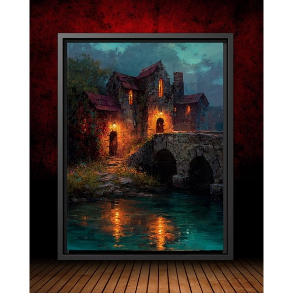 Gothic Riverside Cottage Wall Art Poster, Stone Bridge And Lantern Light, Moody Medieval Village Artwork, Dark Academia Decor B301, Unframed Poster Size 8x12