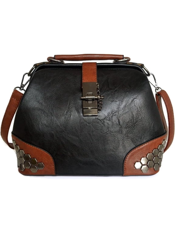 Gothic Rivet Studded Doctor Bag, Genuine Leather Vintage Convertible Bucket Shoulder Purse for Women