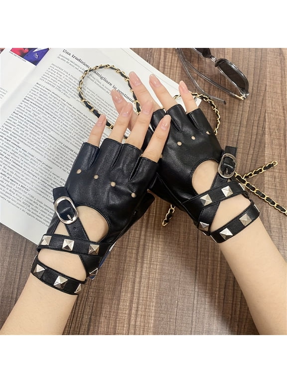 Women Gothic Rivet Half-Finger Gloves, Faux Leather Wrap Wrist Gloves, Punk Rock Stage Performance Costume Gloves, Anime Cosplay Fingerless Gloves, Multiple Color Options