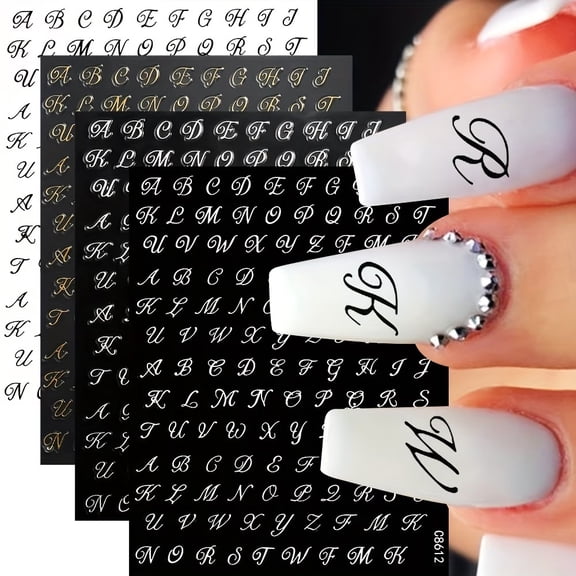 Gothic Roman Letters Nail Stickers 4 Sheets Gold Silver Black White