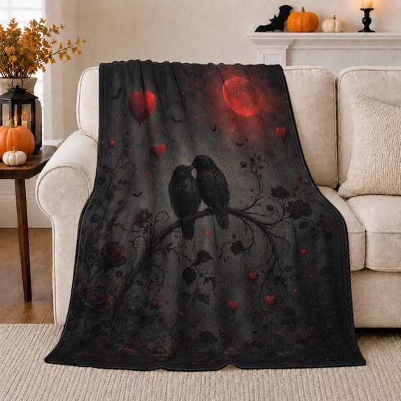 Gothic Romance Raven Crow Art Romantic Scene Dark, Mystical Bird Art Scene, Warm Flannel Blanket for Living Room and Reading Nook, Bird Lovers Friendship Gift, Artistic Home Decor