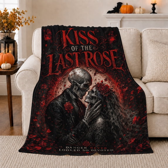 Gothic Romance Skeleton Bride Groom Kiss Scene, Cozy Friendship Quote Scene, Warm Flannel Blanket for Living Room and Reading Nook, Art Lovers Friendship Gift, Artistic Home Decor