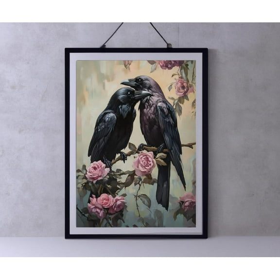 Gothic Romantic Raven Couple, Vintage Poster, Art Poster Print, Home Decor, Victorian Crow, Black Rose, Flowers, Cottagecore Wall Art, Modern Wall Decor, 8x12 UNFRAMED