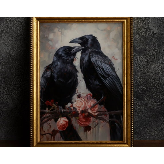 Gothic Romantic Raven Couple, Vintage Poster,, Victorian Crow, Black Rose, Flowers, Cottagecore Wall Art, Modern Wall Decor, 8x12 UNFRAMED