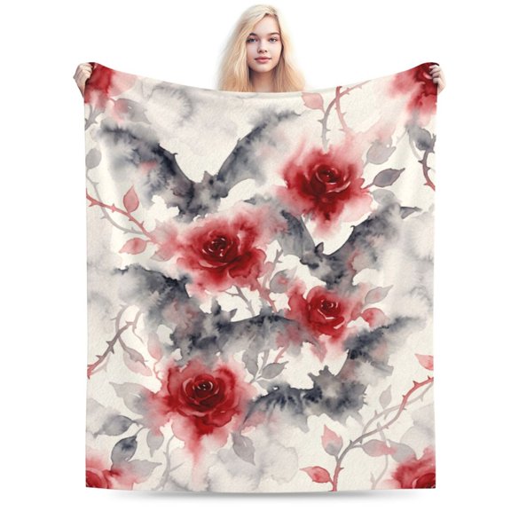 Gothic Rose Bat Blanket, Halloween Flannel Throw Blanket, Soft Cozy Blanket for Sofa, Couch, Bed, Dark Floral Goth Home Decor Gift 50x40