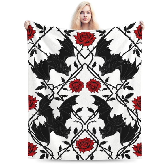 Gothic Rose Bat Blanket, Halloween Flannel Throw Blanket, Soft Cozy Blanket for Sofa, Couch, Bed, Dark Floral Goth Home Decor Gift 50x40
