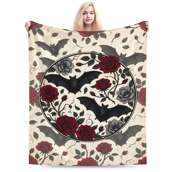 Gothic Rose Bat Blanket, Halloween Flannel Throw Blanket, Soft Cozy Blanket for Sofa, Couch, Bed, Dark Floral Goth Home Decor Gift 50x40