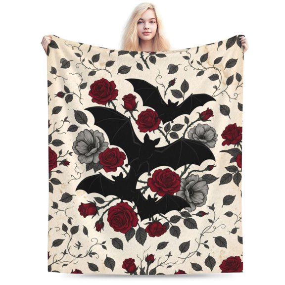 Gothic Rose Bat Blanket, Halloween Flannel Throw Blanket, Soft Cozy Blanket for Sofa, Couch, Bed, Dark Floral Goth Home Decor Gift 50x40