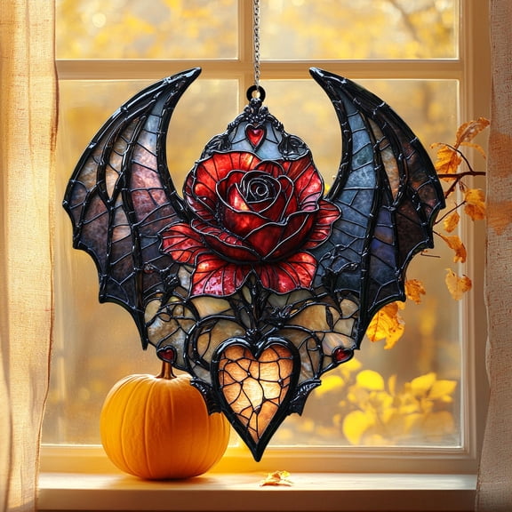 Gothic Rose Bat Wings ACRYLIC Suncatcher Dark Romance Window Hanging with Crimson Hearts, Vampire Valentine Dcor Gift for Her & Him
