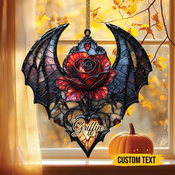 Gothic Rose Bat Wings Acrylic Suncatcher Crimson Hearts Window DÃ©cor