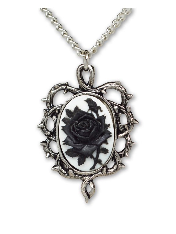 Gothic Black and White Rose Cameo Thorn Frame Jewelry Pendant Necklace by Real Metal NK-604 BW