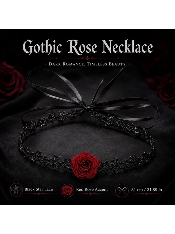 Gothic Rose Choker Necklace, Black Star Lace Choker with Red Rose, Adjustable Ribbon Bow Necklace, Vintage Dark Romance Jewelry for Halloween Party Daily Outfit