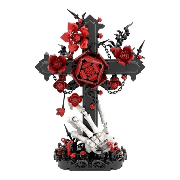 Gothic Rose Cross Building Blocks Set, Medieval Bouquet Building Toys with Skeleton Hand, Dark Christ Aesthetic Home Decors, Collectible & Fun Birthday Easter Halloween Gifts (636Pcs)