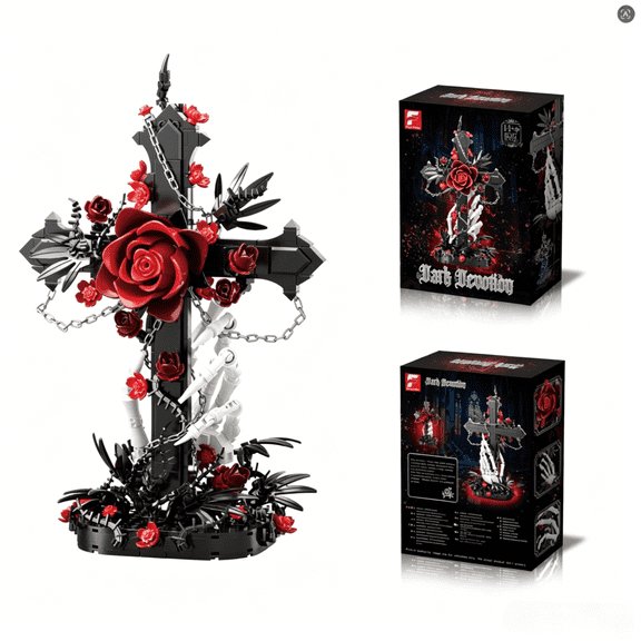 Gothic Rose Cross Building Blocks Set Red Oath Rose Skeleton Cross Model Bricks Halloween Christmas Desk Decor, Romantic Gothic Gift for Adults(720 PCS)