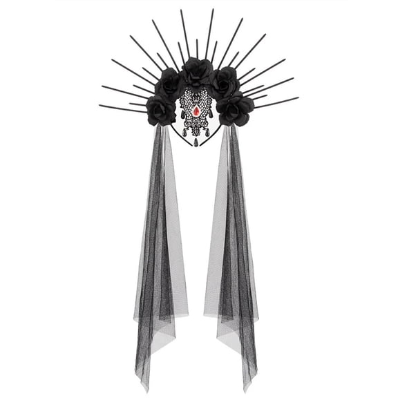 Gothic Rose Crown Black Spike Tiara Veil Halloween Costume Hair Decor Dark Queen Cosplay Masquerade Party for Women Adults Prom