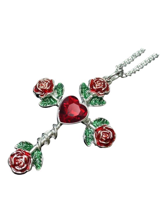 Gothic Rose Crucifix Necklace With Heart Pendant Vintage Victorian Styles Jewelry For Women Men Adjustable Neckchain