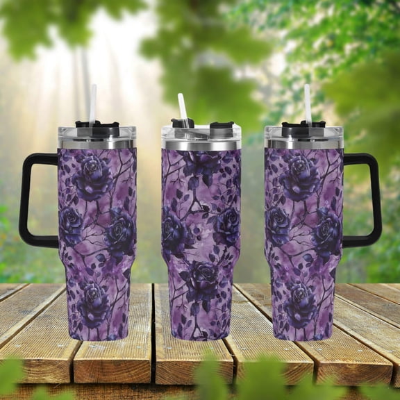 Gothic Rose Flower 40oz Stainless Steel Tumbler, Witchy Purple Flower Drink Cup, Large Coffee Travel Mug, Dark Goth Aesthetic Tumbler Gift