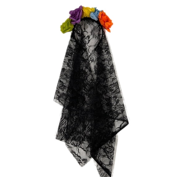 Gothic Rose Lace Veil Headband, Black Mesh Bridal Headdress for Halloween & Day of the Dead, Floral Crown Costume Accessory, 1 PC Multicolor