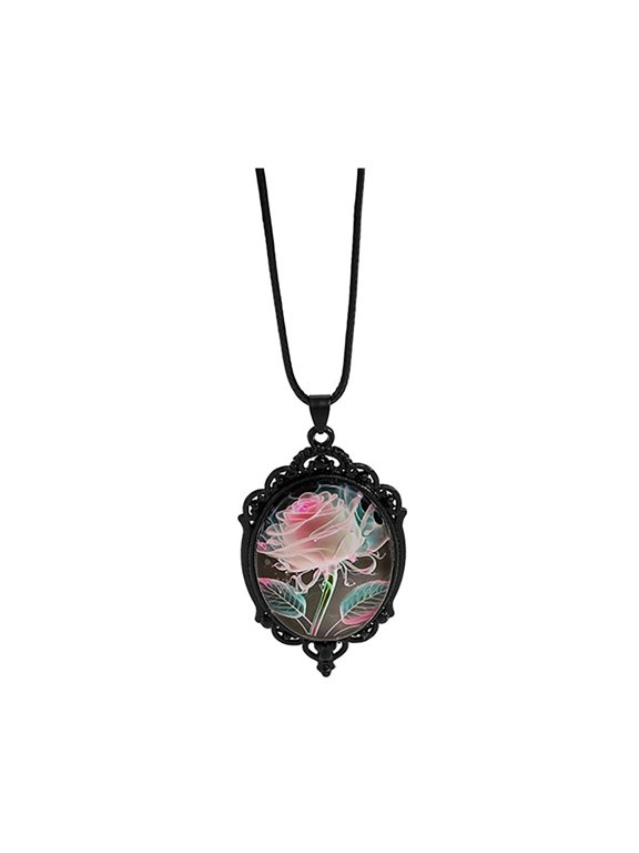 Gothic Rose Necklace, Vintage Oval Cameo Pendant with Pink Rose, Black Alloy Chain Gothic Jewelry for Women Halloween Accessories