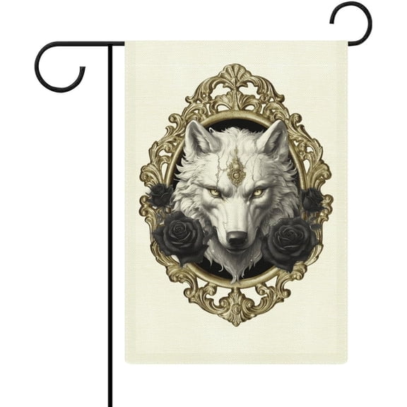 Gothic Rose Ornate Framed White Wolf Garden Flag Double Sided 12 X 18 Inch Yard Flag, Small Flags for Outside Decorations