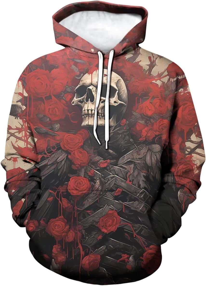 Gothic Rose Skeleton Cool Graphic Hooded Sweatshirts Pullover Dark Love Skull Printing Hoodie Hoodies Walmart