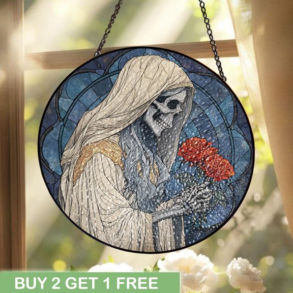 Gothic Rose Skeleton Stained Glass Suncatcher, Round Dark Floral Window Panel Decor, Veiled Skull Figure with Red Roses Art, Moody Glass