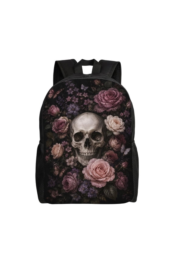 Gothic Rose Skull Backpack Full Front Print Travel Laptop Bag for Men and Women