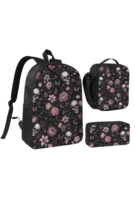 Gothic Rose Skull Backpack Set 3pc Including Backpack, Lunch Bag and Pen Bag Combination