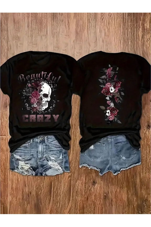 Gothic Rose Skull Graphic Women Double-Sided Short Sleeve T-Shirt