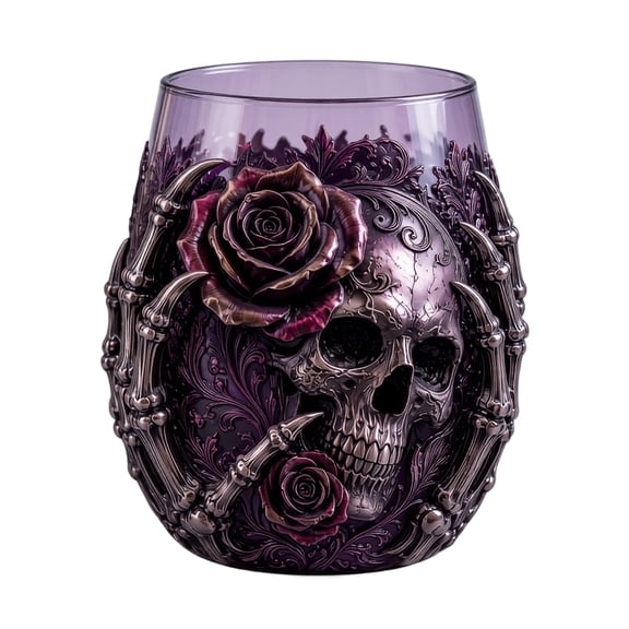 Gothic Rose Skull Halloween Stemless Glass Cup, 3D Skeleton Hand Sculpted Tumbler, Trick Or Treat Party Beverage Decor Glassware_1PC