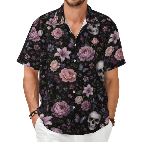 Gothic Rose Skull Men's Shirts Short-Sleeved with All-Over Prints Button-Up Shirts