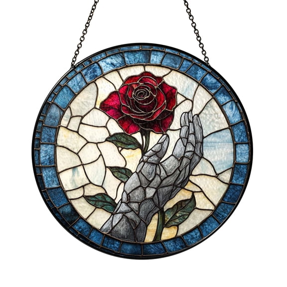 Gothic Rose Stained Glass Window Panel – Decorative Window Accent