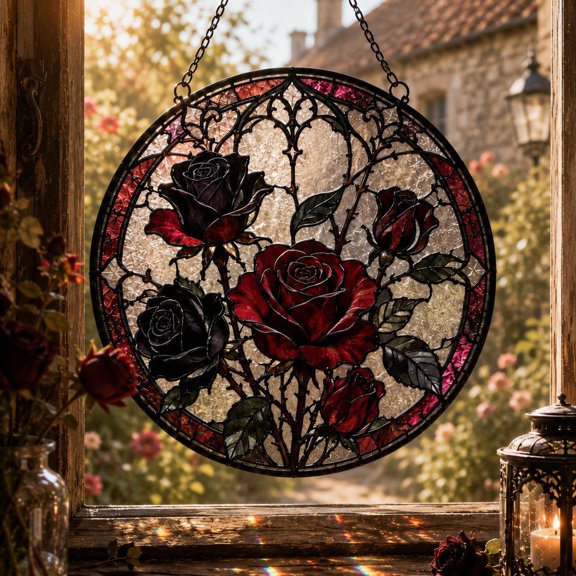 Gothic Rose Suncatcher, Black Red Rose Window Hanging for Goth Decor Lovers, Stained Glass Style Resin Gift