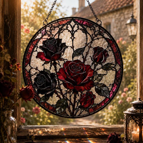Gothic Rose Suncatcher, Black Red Rose Window Hanging for Goth Decor Lovers, Stained Glass Style Resin Gift