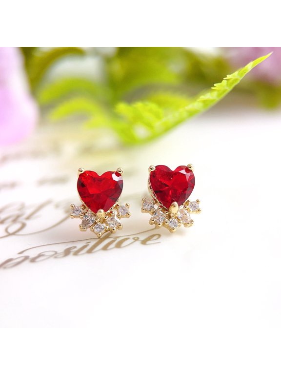 Gothic Ruby Heart Stud Earrings: Victorian Sterling Silver