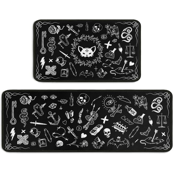 Gothic Rug Set of 2, 17x30+17x47inch, Kitchen Mat with Rubber Backing, Non-Slip, Washable, Black
