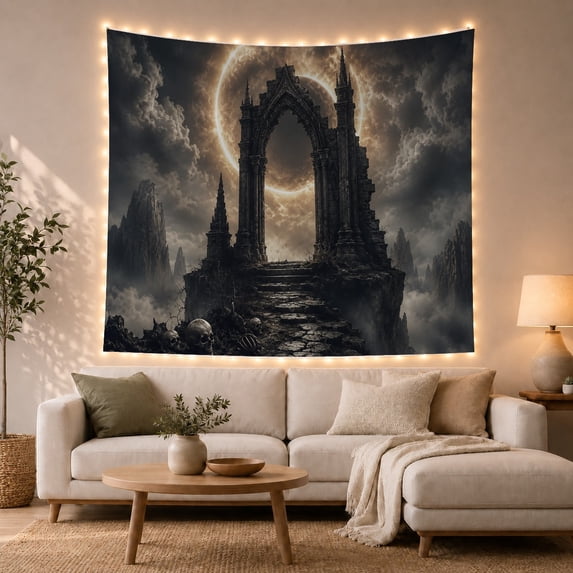 Gothic Ruin and Eclipse Over Foggy Peaks with Skulls, Dramatic Gothic for Dark Art Enthusiasts, Ominous Cinematic Wall Decor, Halloween Gift, Tapestry Wall Hanging for Bedroom and Living Room