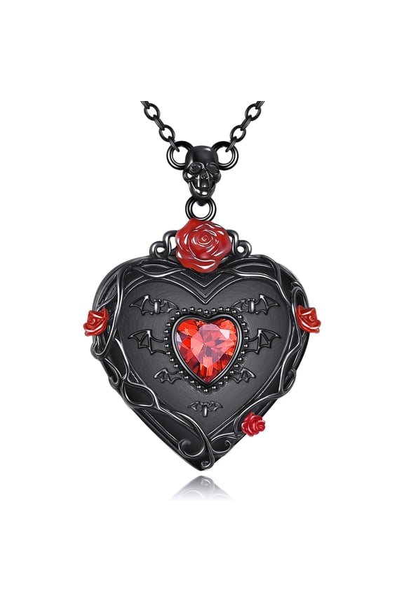 Gothic S925 Sterling Silver Black Bat & Rose Pendant Necklace for Women, Vintage Halloween Jewelry Gift