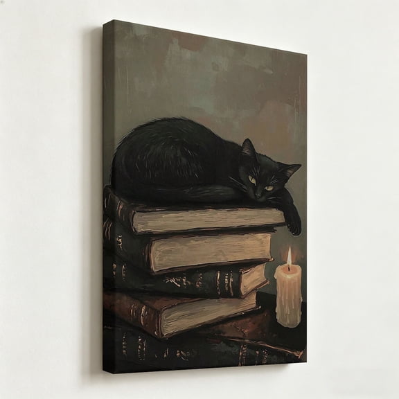 "Gothic Scholar Black Cat" Dark Academia Canvas Art, Vintage Book Stack & Candle Painting Print, Matte Finish Gallery Wrapped Moody Wall Decor 24*36