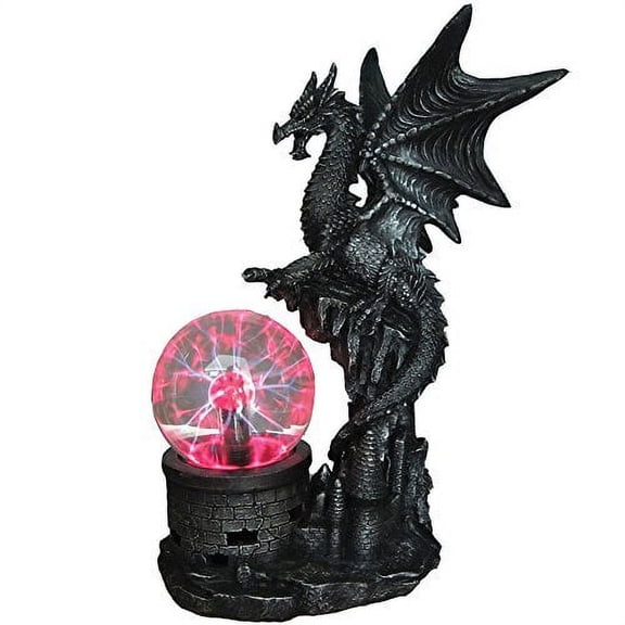 Gothic Sculpted Resin Dragon Statue With Glowing Electric Glass Plasma Ball