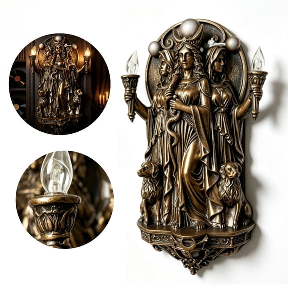 Gothic Sculpture Wall Sconce Light, Vintage Resin Statue Wall Lamp Decor, Medieval Hecate Wall Mount Light Fixture for Living Room Bedroom Entryway Dark Witchy Home Decor,Hollween Decor